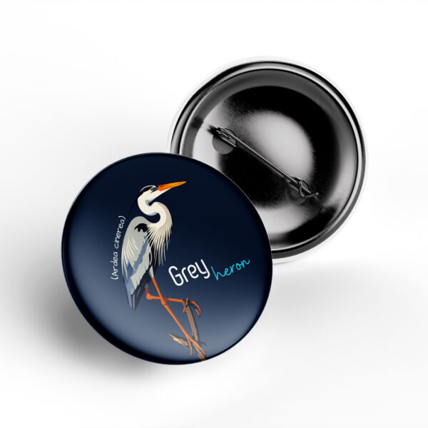 Grey Heron Pin Badge with Ardea cinerea illustration