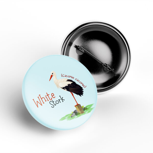 White stork educational bird badge wildlife pin