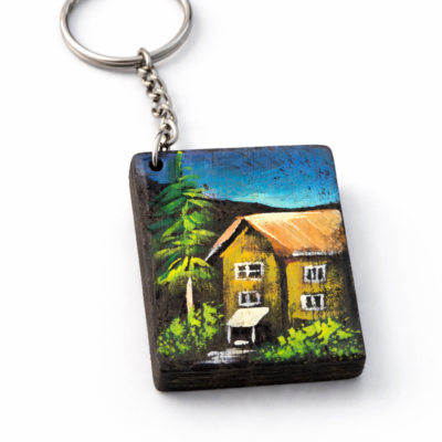 village house wooden keychain
