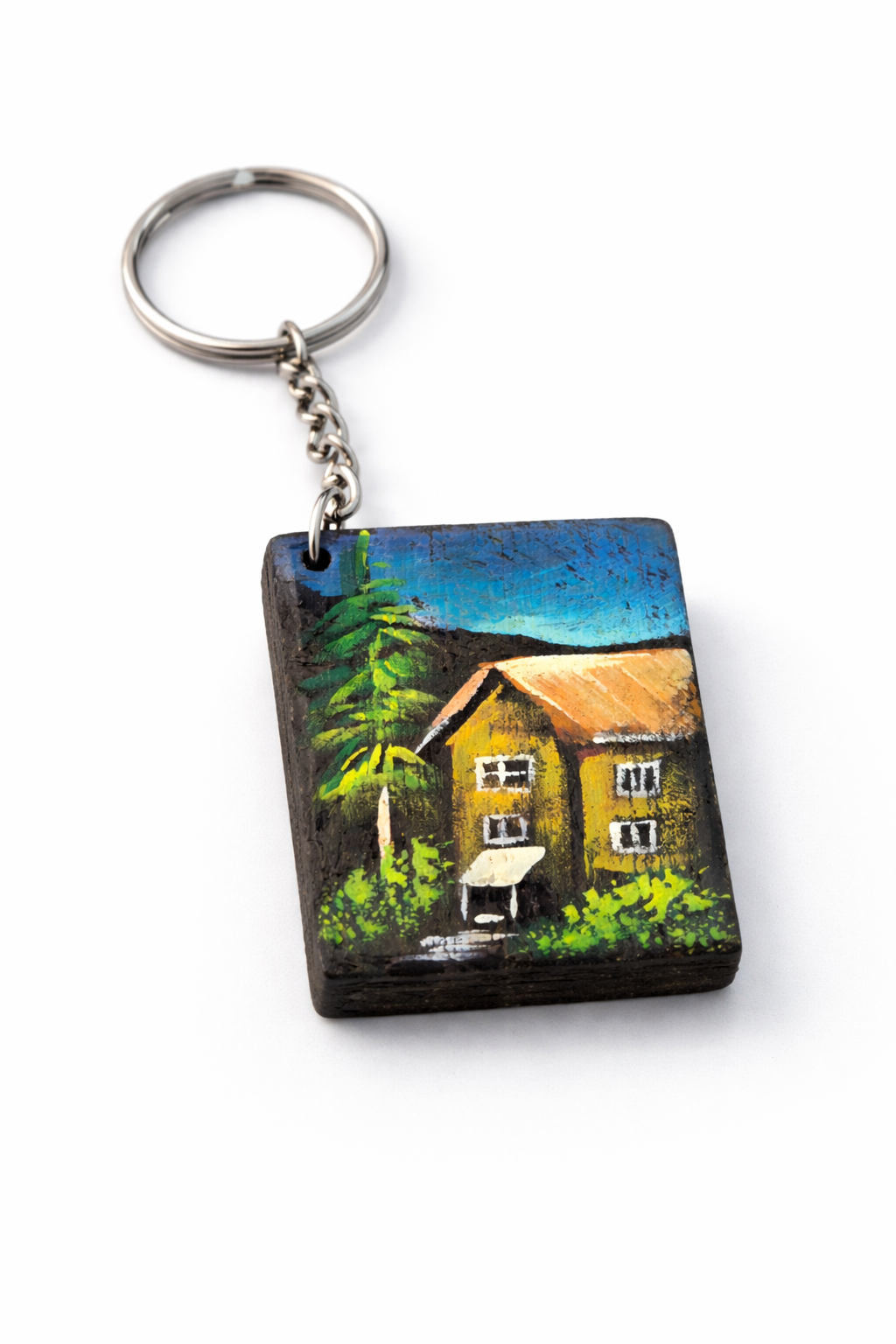 village house wooden keychain
