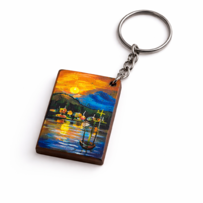 sunset lake wooden keychain