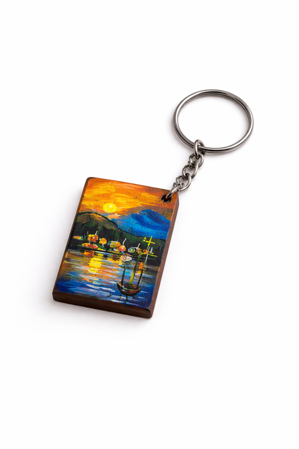 sunset lake wooden keychain