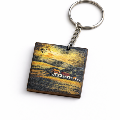 sunset village wooden keychain