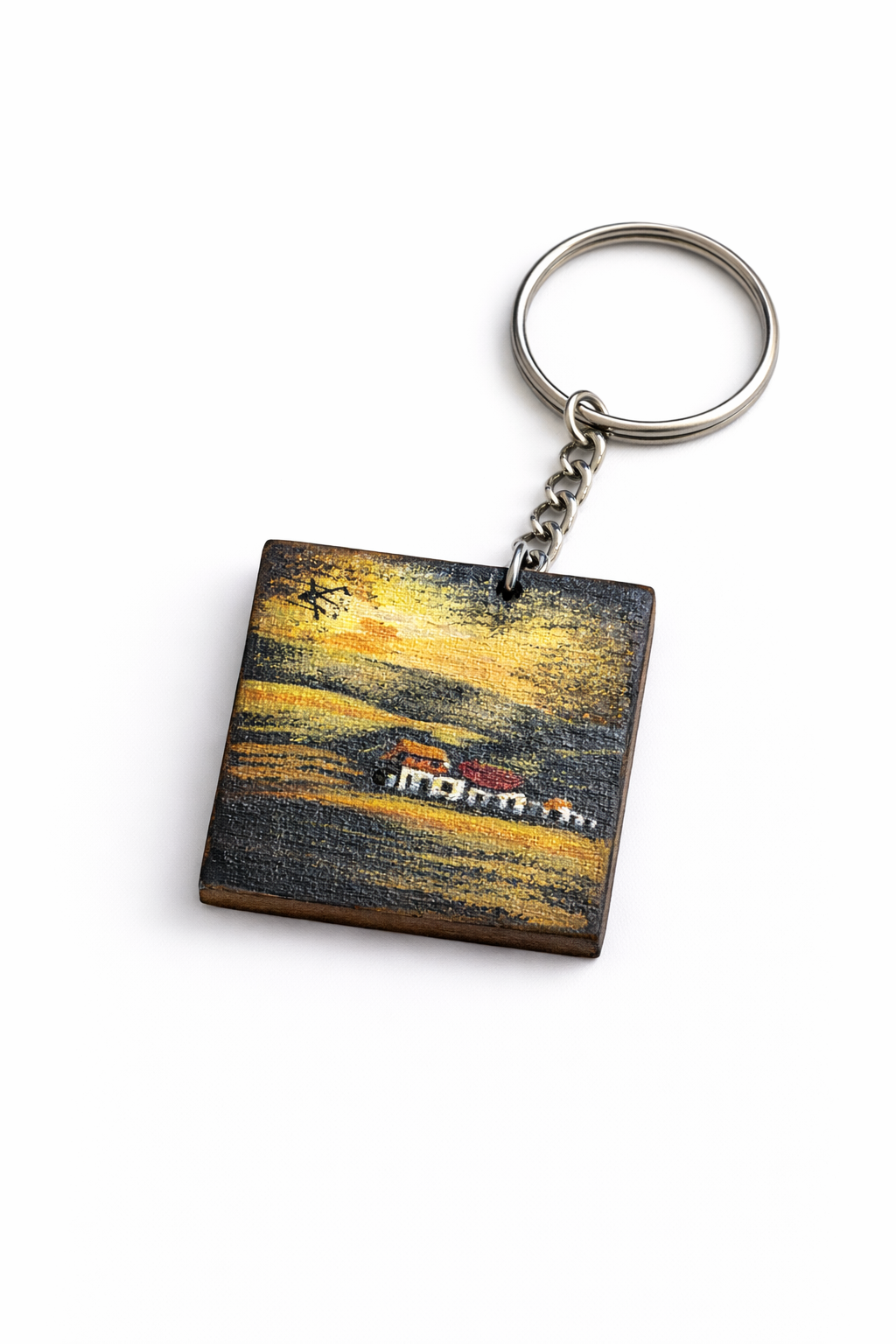 sunset village wooden keychain