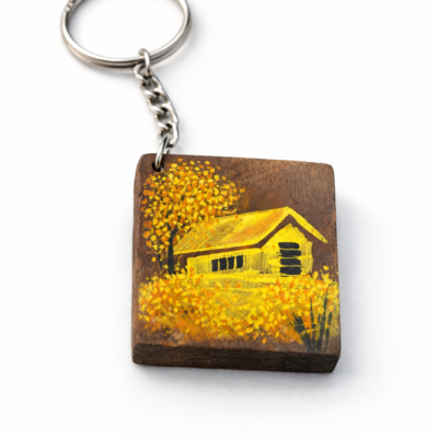 golden village house wooden keychain