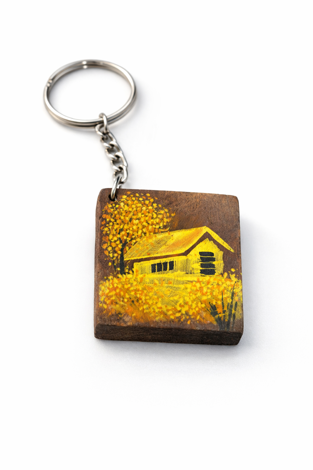 golden village house wooden keychain
