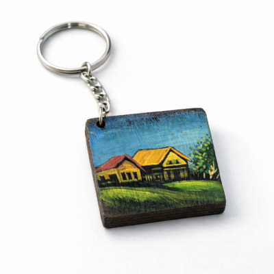 village house wooden keychain