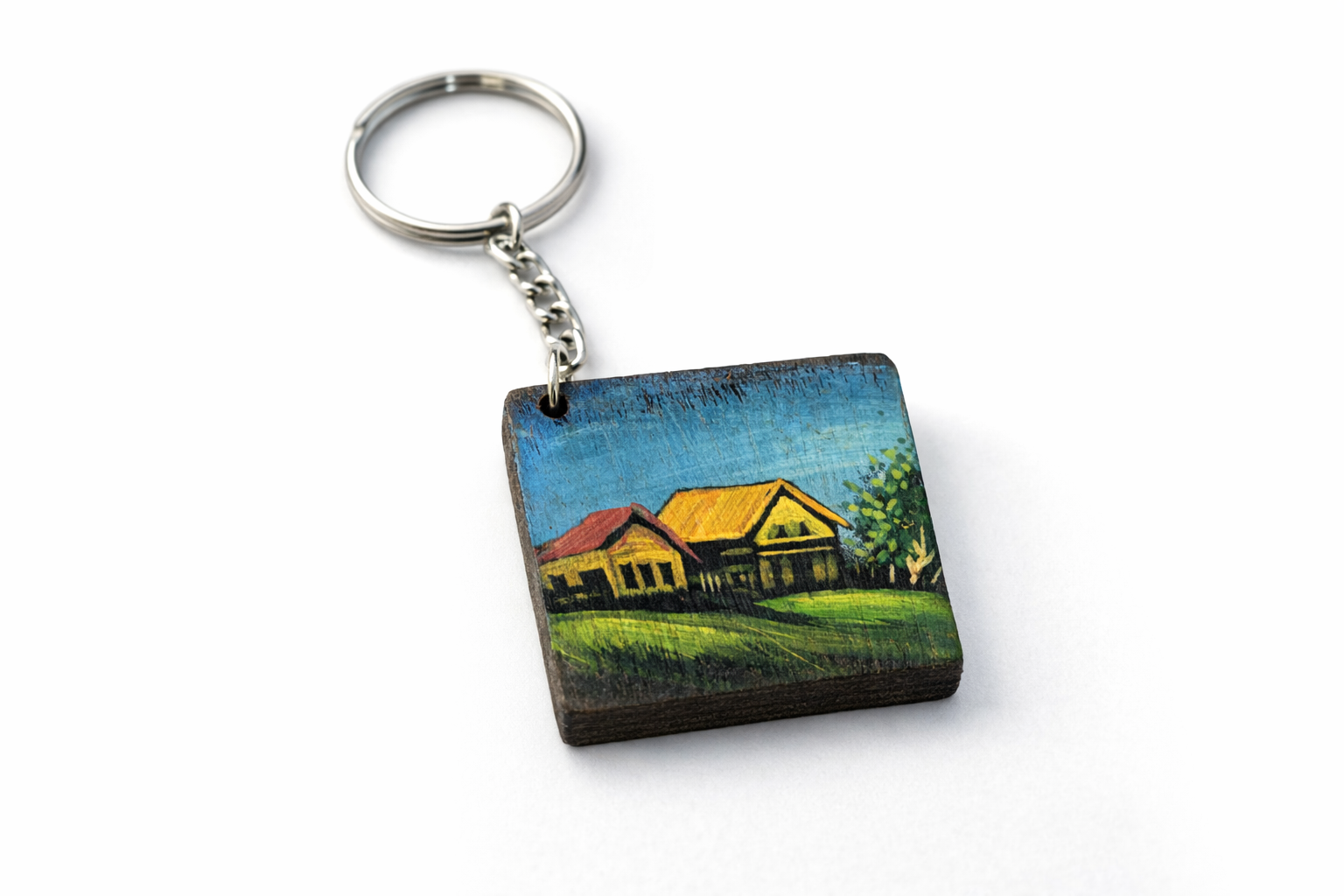 village house wooden keychain