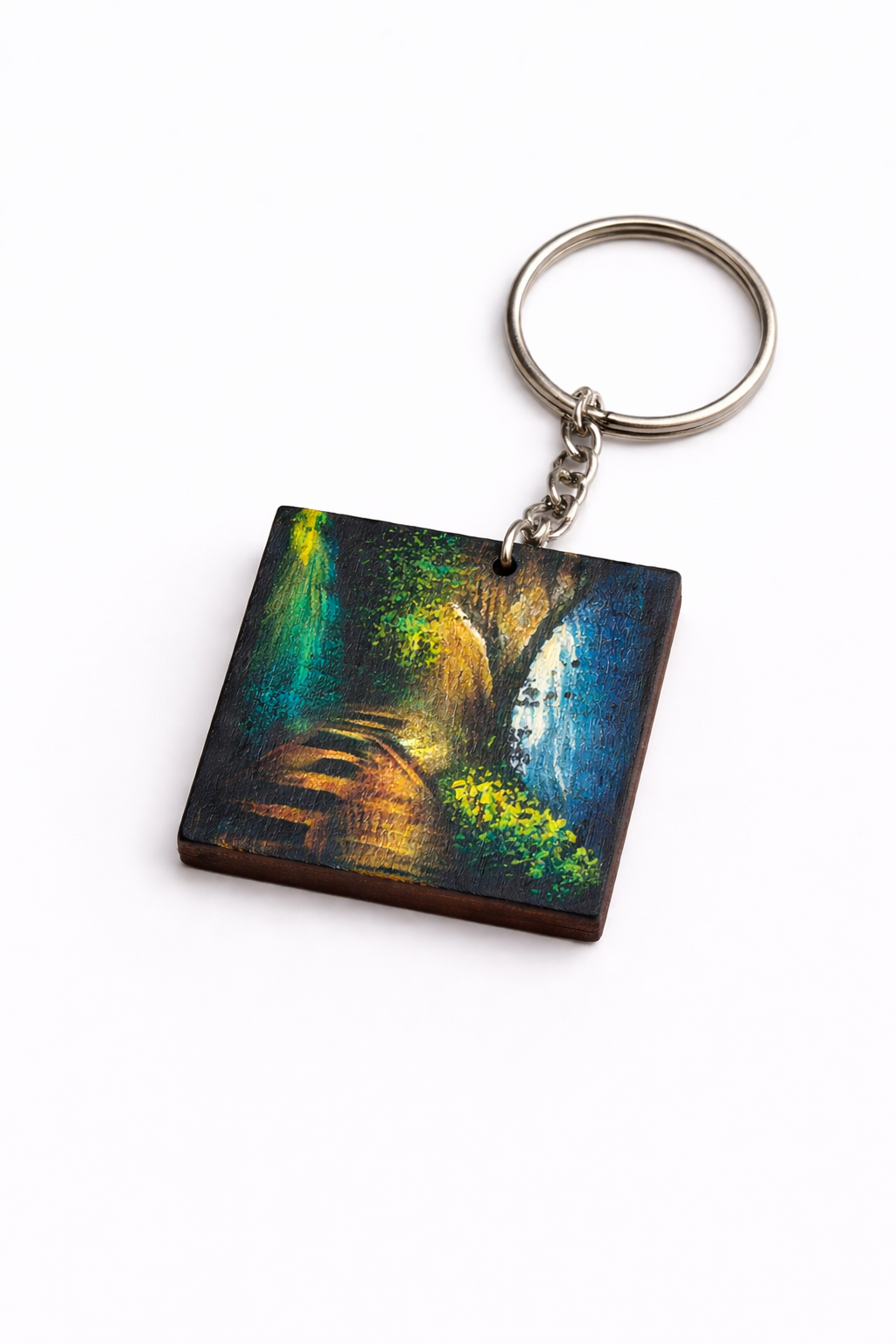 forest pathway wooden keychain