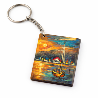 sunset boat wooden keychain