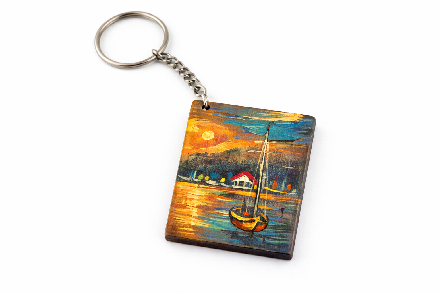 sunset boat wooden keychain