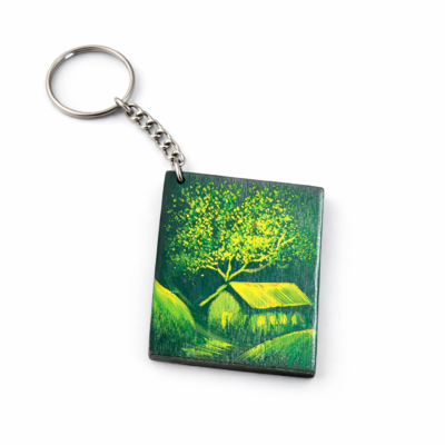 Green nature house wooden keychain hand painted art