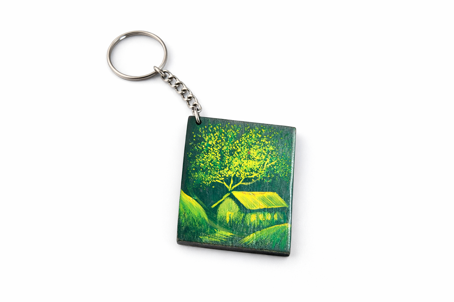 Green nature house wooden keychain hand painted art
