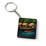 village lake art wooden keychain design