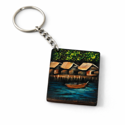 village lake art wooden keychain design