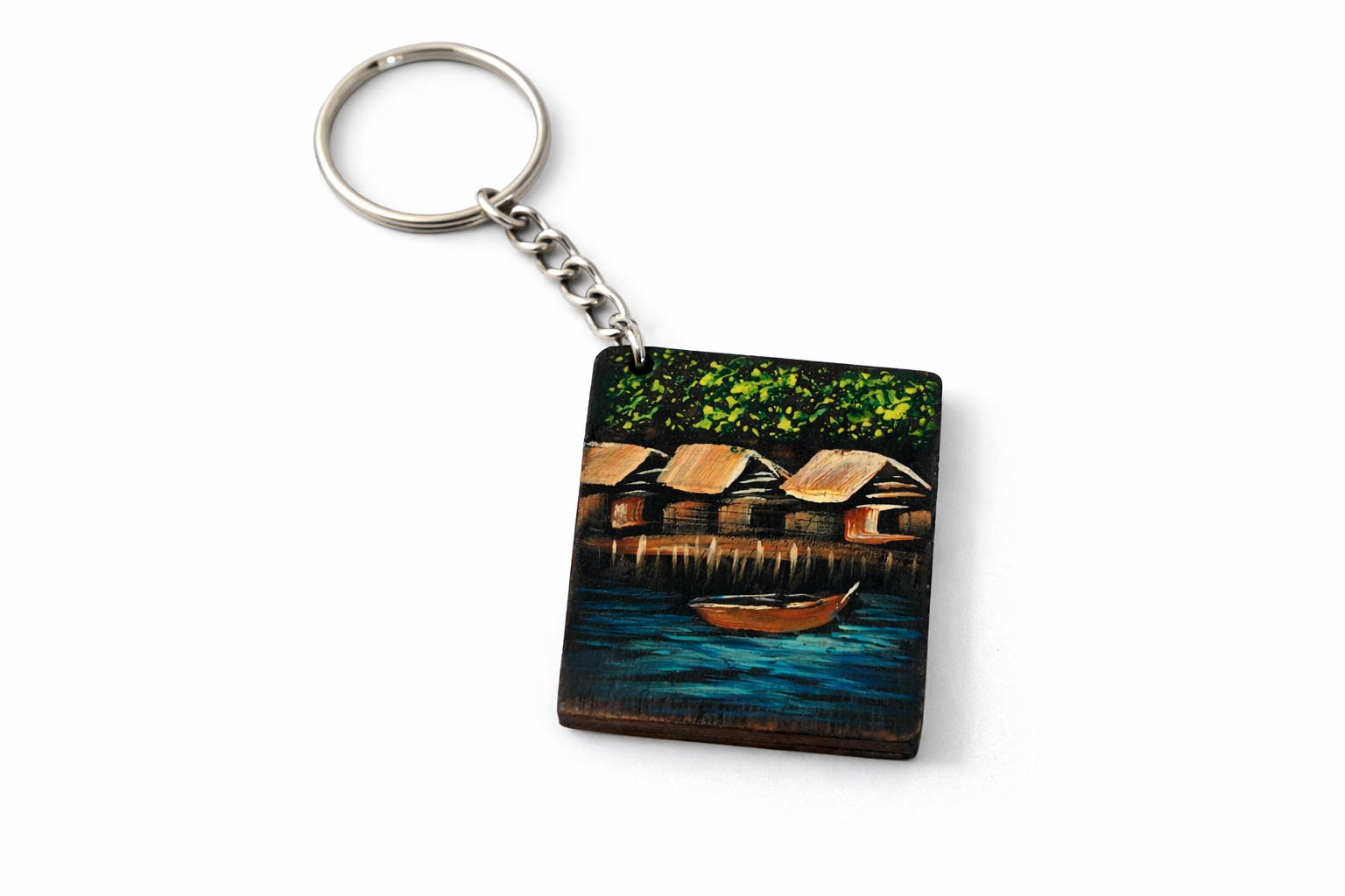 village lake art wooden keychain design
