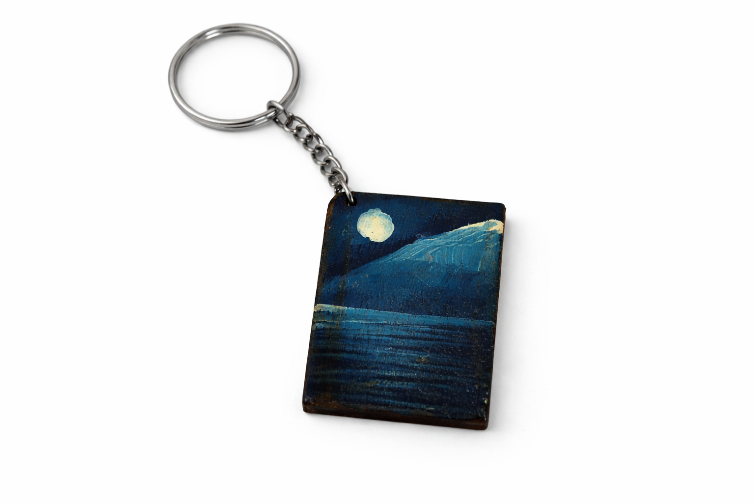 moonlight lake art wooden keychain design