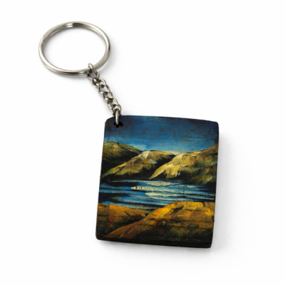 mountain lake art wooden keychain