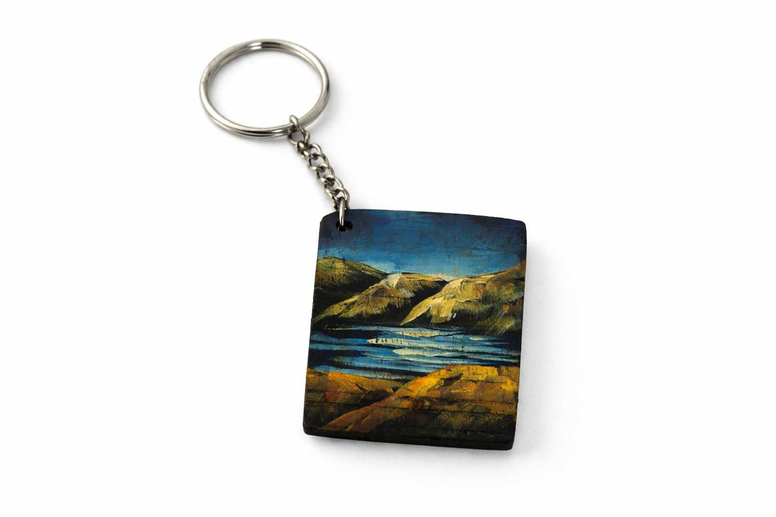 mountain lake art wooden keychain