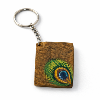 peacock feather wooden keychain