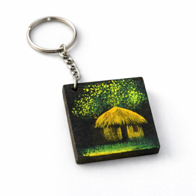 village hut night wooden keychain