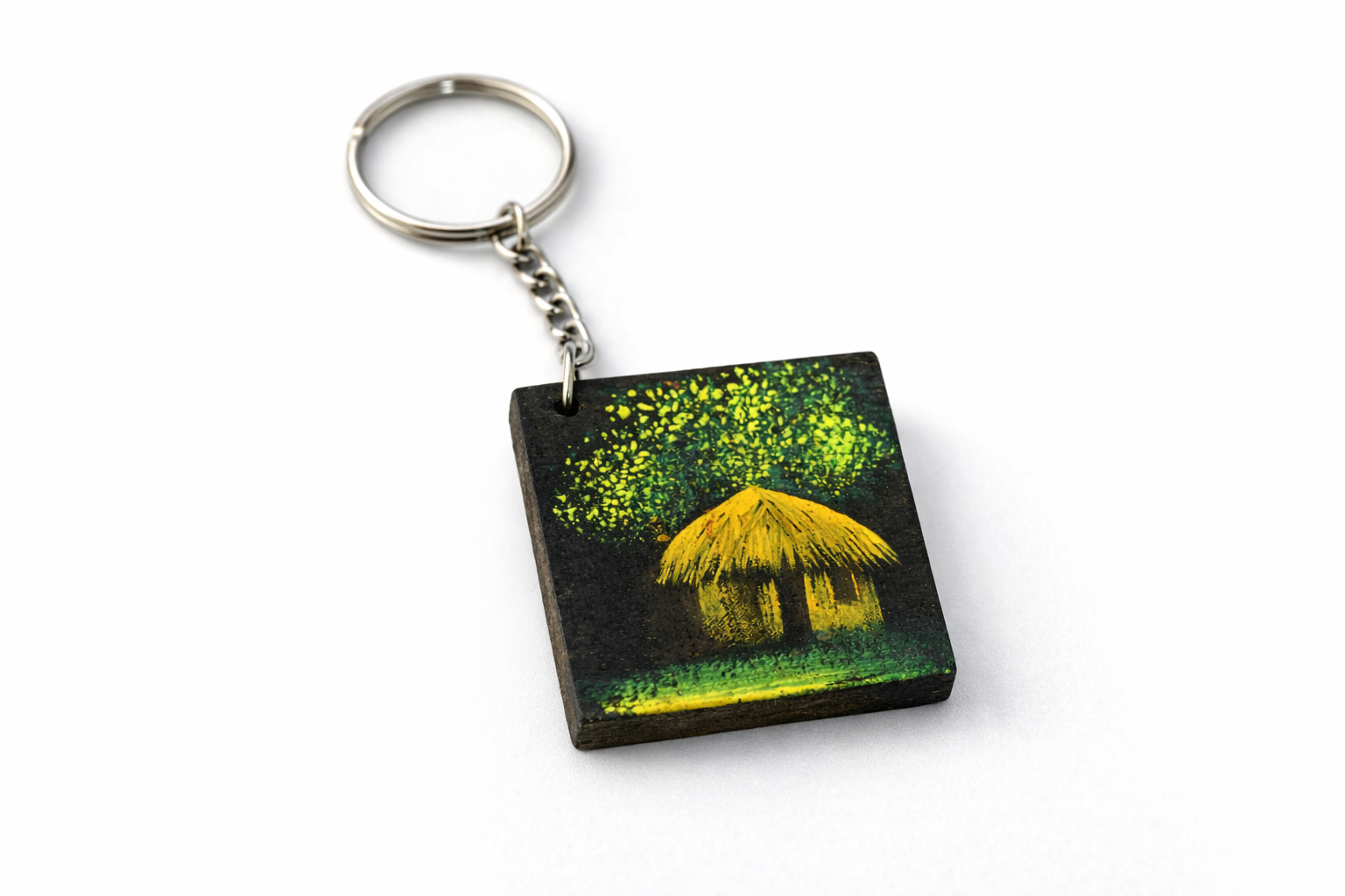 village hut night wooden keychain