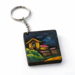 village house night wooden keychain