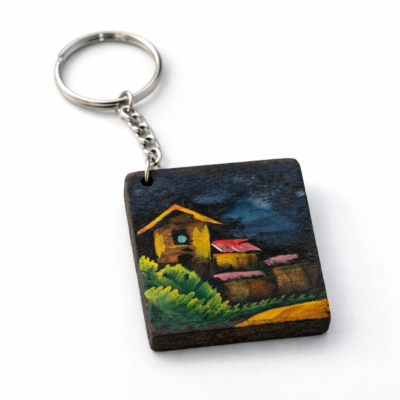 village house night wooden keychain
