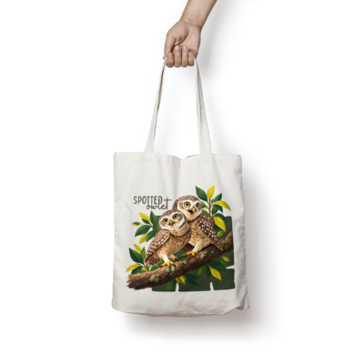 Spotted Owlet Tote Bag featuring two Indian owls on a tree branch
