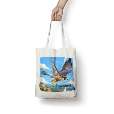 Peregrine Falcon Tote Bag featuring a flying falcon over a mountain landscape