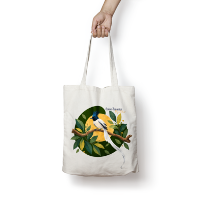 Asian Paradise Flycatcher Tote Bag featuring Indian bird artwork on a branch