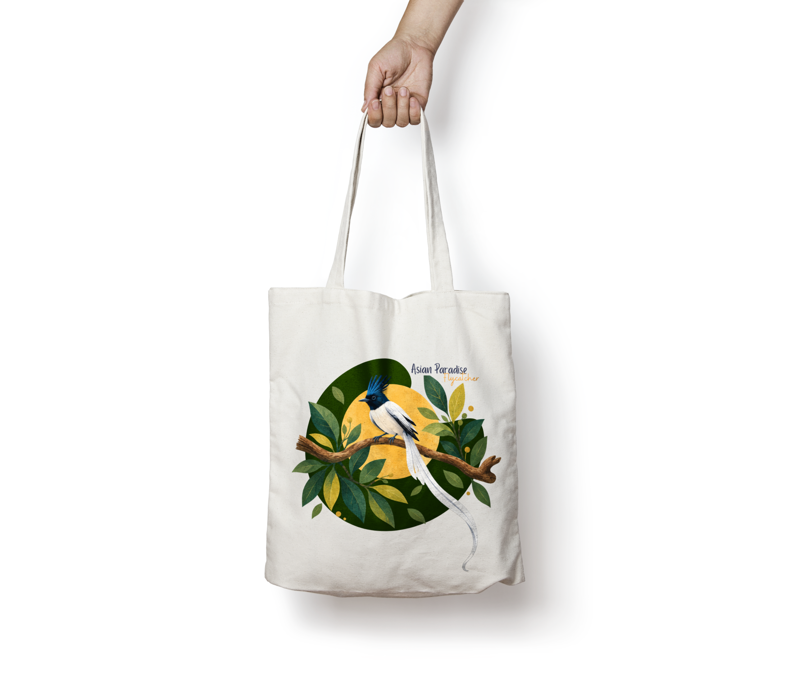 Asian Paradise Flycatcher Tote Bag featuring Indian bird artwork on a branch